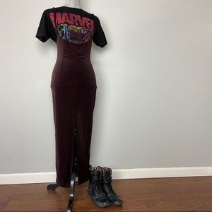 Vintage 90s maroon brown under bust spaghetti strap overall dress maxi skirt.